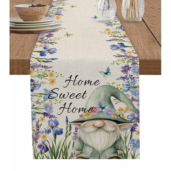 Rustic Gnome Burlap Cotton Table Runner 16x72 Inches Long, Spring Flowers Butterfly Beige Burlap Farmhouse Table Runners, Outdoor Dining Tablecloths Decor for Baby Shower/Party/Wedding
