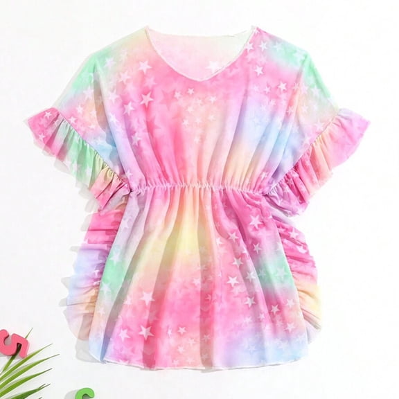 NAISIBABY Girls Swimsuit Cover Up Size 6, Sun Protection Summer Beach Ruffles Prints Sports Smock Bathing Suit (4-7T)