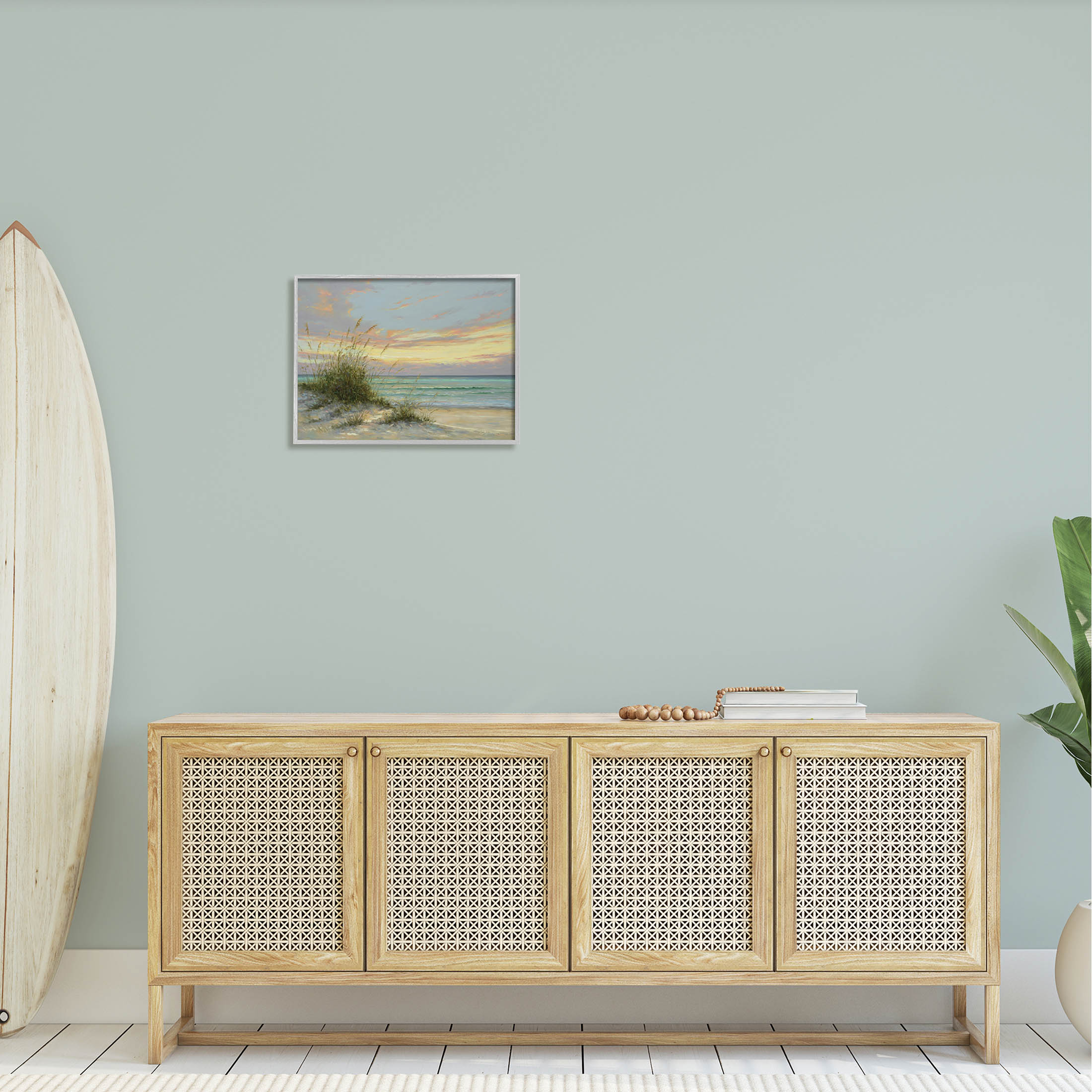 Beach Grass Vivid Sunset Coastal Painting Gray Framed Art Print Wall Art