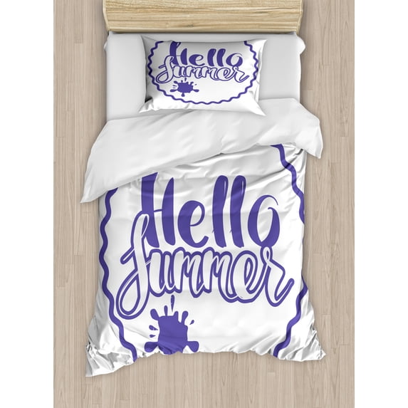Hello Summer Duvet Cover Set Twin Size, Hello Summer Lettering in Funky Circle Frame and Splashed Drop, Decorative 2 Piece Bedding Set with 1 Pillow Sham, Blue Violet and White, by Ambesonne