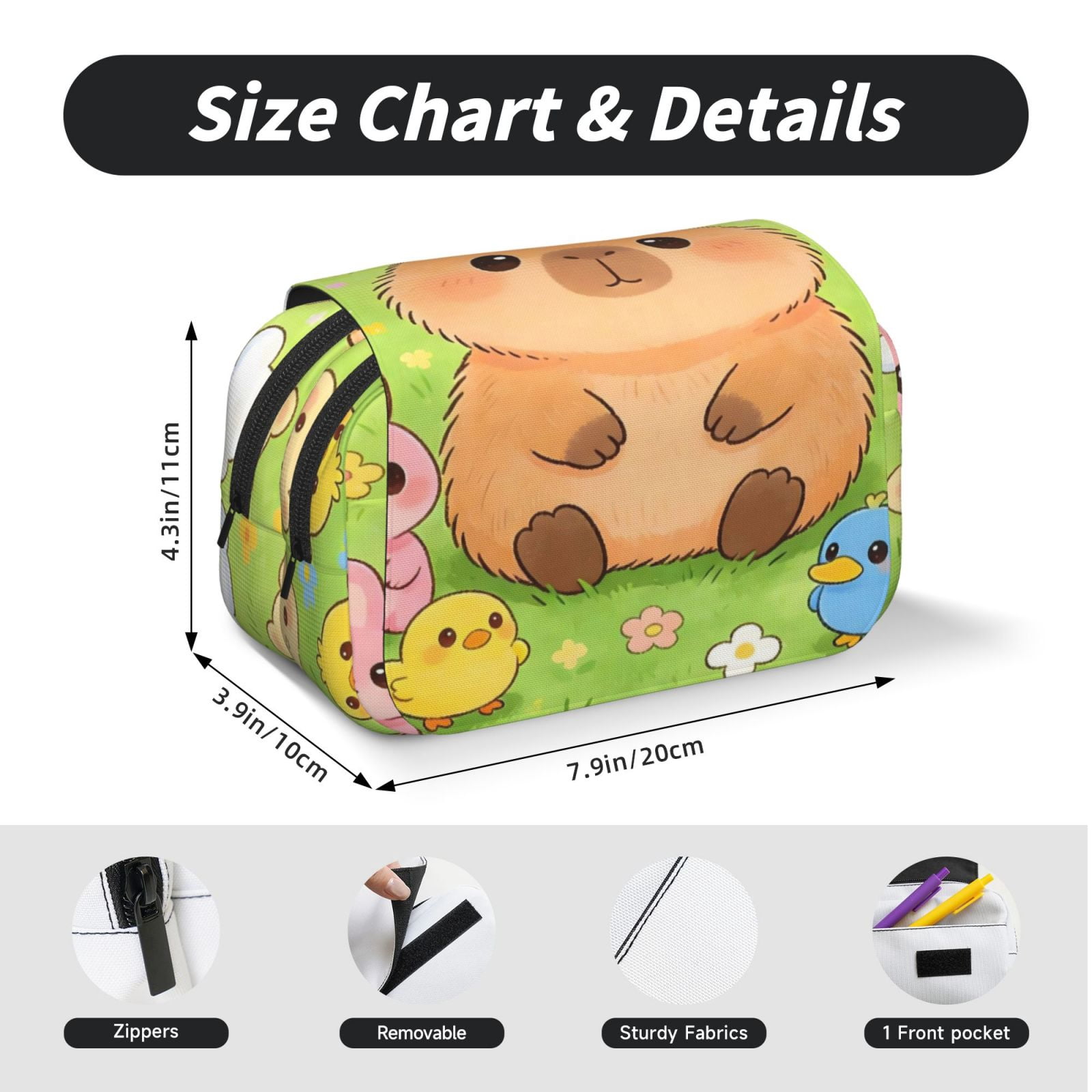 Large-Capacity Flip-Top Double-Layer Pencil Case, Multi-Functional Pocket Pen Case, Durable Stationery Organizer Capybara Flower Rabbit Chick
