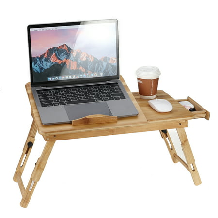 Bamboo Laptop Desk with Storage, Adjustable Breakfast Serving Bed Tray Table with Tilting Top, Foldable Bed Desk for Sofa Couch Floor