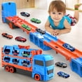 thumbnail image 2 of Tiaoniao Camión de transporte de juguete para niños Pista de carreras dual de 61 pulgadas y auto de expulsión 6 autos de metal y juego de camión portador de almacenamiento plegable Juguetes para autos, 2 of 5