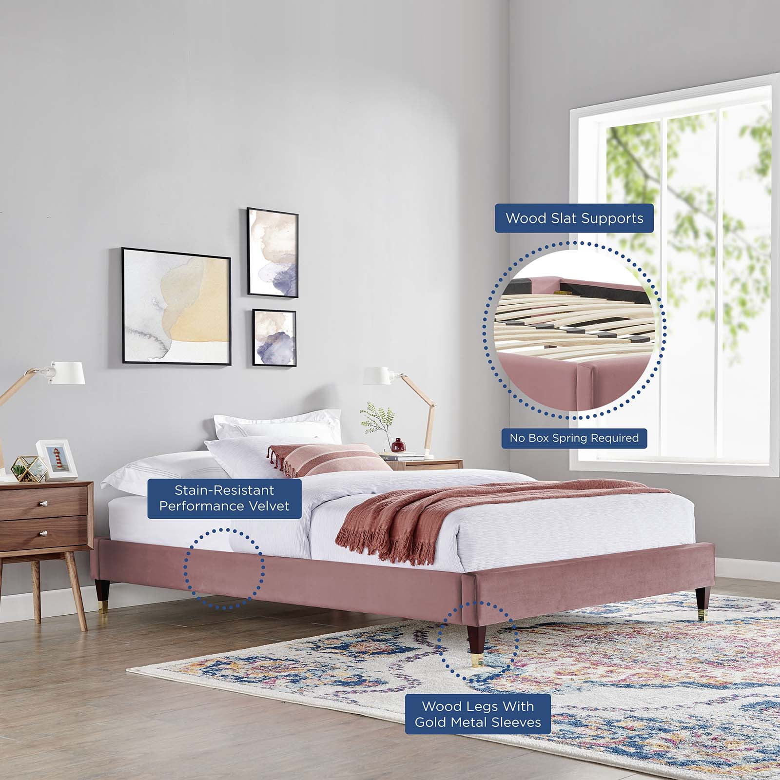 Platform Bed Frame, King Size, Velvet, Pink, Modern Contemporary Urban Design, Bedroom Master Guest Suite