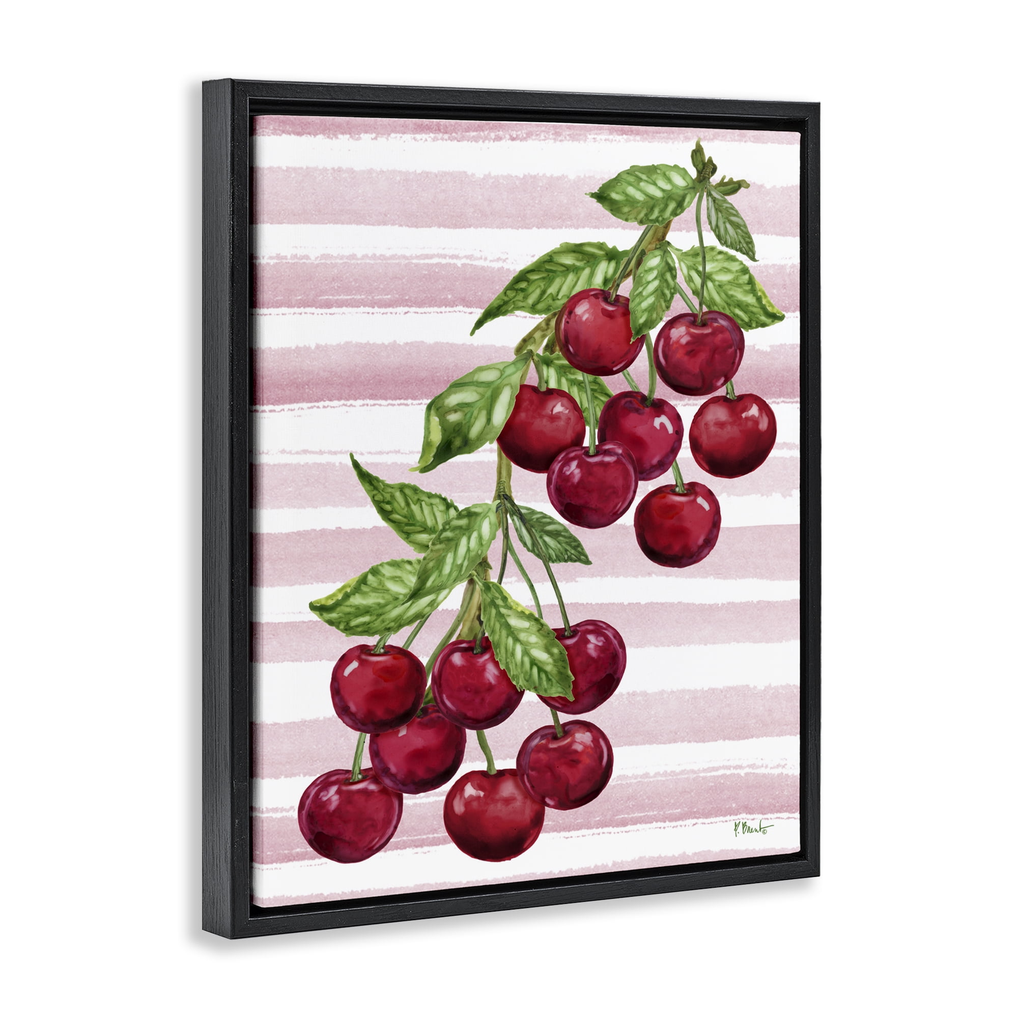 Stupell Industries Juicy Cherry Vine on Stripes Black Framed Floater Canvas Wall Art, design by Paul Brent