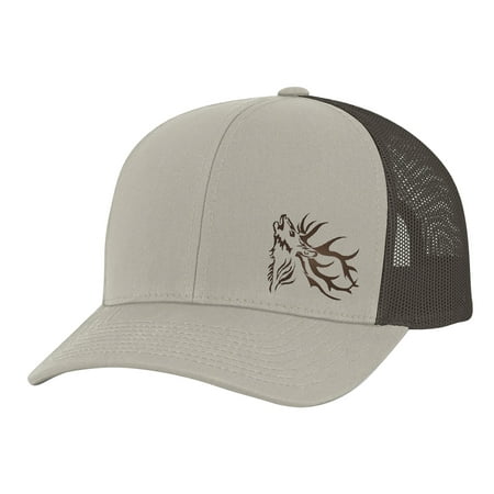 Men s Hunting Season Mesh Back Trucker Hat Elk Antlers Khaki/Brown