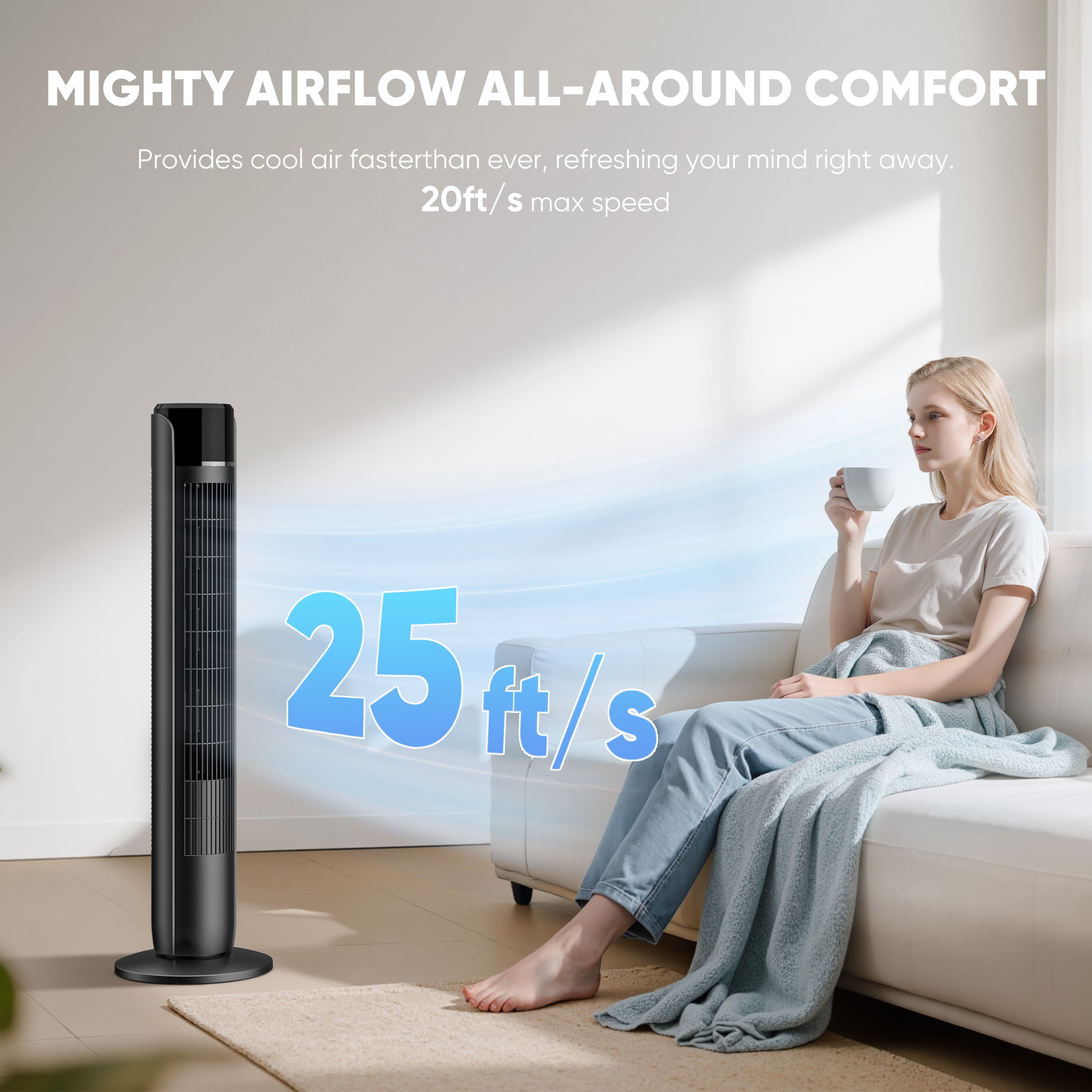 EDX Tower Fan for Home, 36" Standing Floor Fan, 25 ft/s Bladeless Fan Cold Air, 28dB Quiet for Sleep, Remote, 60° Oscillation, 12H Timer, 5 Speeds, 4 Modes, LED Display，Black
