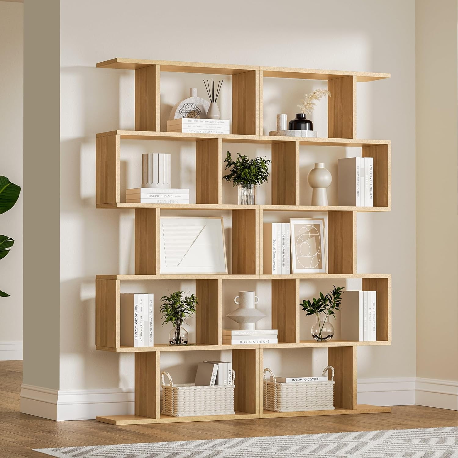 DIYART Oak 5-Tier Geometric Bookcase, S-Shaped Modern Bookshelf set of 2