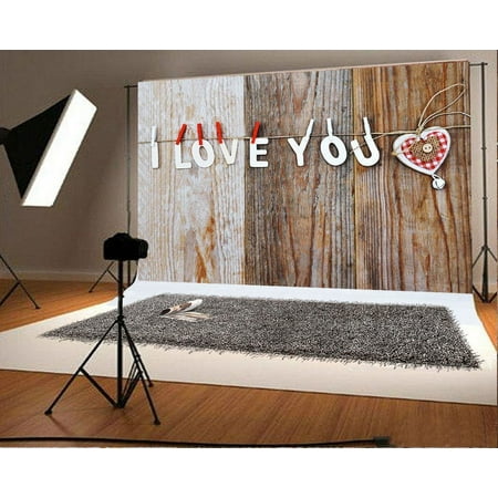 Image of GreenDecor 7x5ft Love Wood Wall Photo Backgrounds Sweet Heart I love you Photography Backdrops