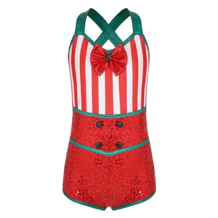iEFiEL Kids Girls Christmas Candy Cane Costume Bodysuit Shiny Sequins Striped Ballet Leotard Gymnastics Biketard Red 16