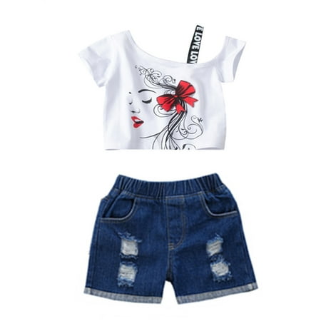 

One opening Kids Floral Print Round Neck Short Sleeve Pullover+ Ripped Denim Shorts