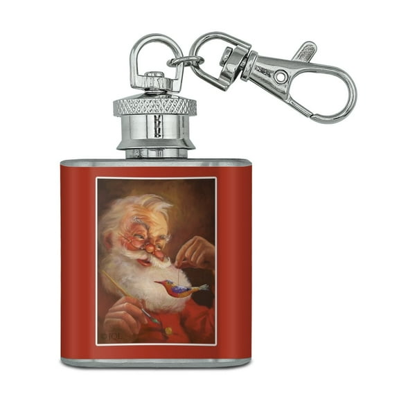 Christmas Holiday Santa Painting Tree Ornament Stainless Steel 1oz Mini Flask Key Chain