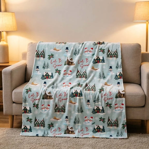 Winter Cabin Snowman Throw Blanket for Sofa, Soft Flannel Warm Cozy Decor Cover, Washable Blanket for Cottage Use.