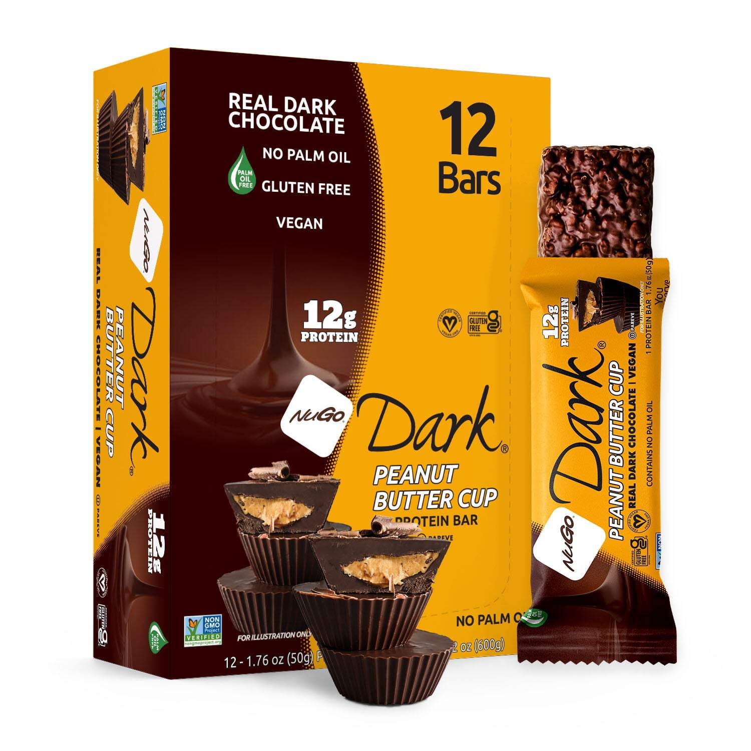 NuGo Dark Chocolate Peanut Butter Cup, 12g Vegan Protein, Gluten Free, 12 Count