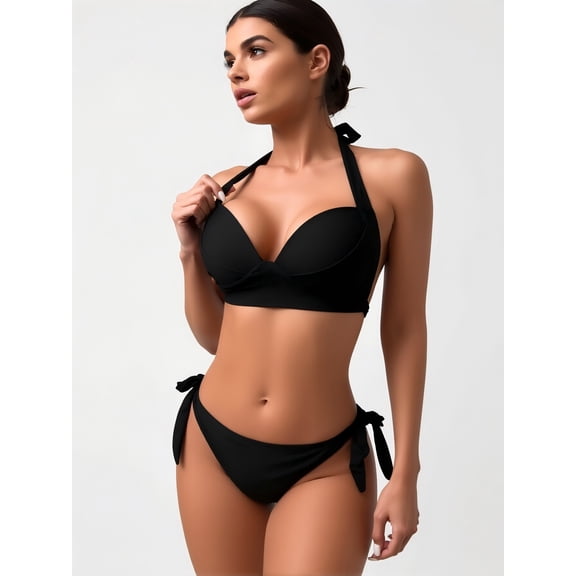 Women's Black Push-Up Bikini Set, Halter Neck Two Piece Swimsuit with Side Tie Bottoms