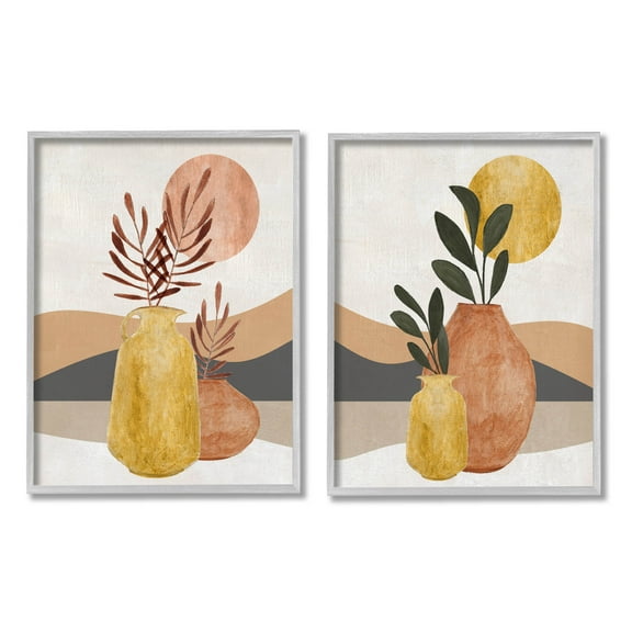 Boho Botanical Sprigs Landscape Botanical & Floral Graphic Art Gray Framed Art Print Wall Art, Set of 2