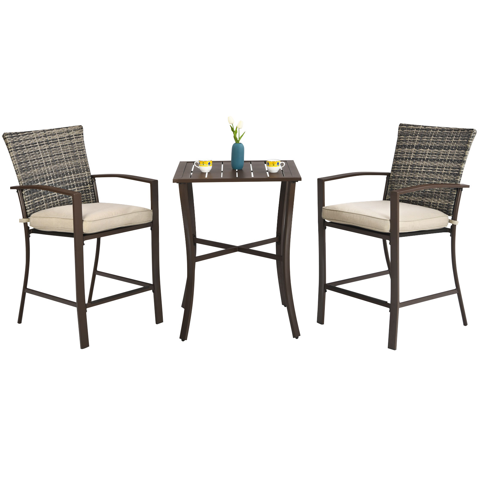 Patiojoy 3-Piece Patio Rattan Furniture Set Outdoor Bistro Set Cushioned Chairs & Table Set Brown - image 4 of 5