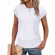 Ronuti Womens Short Sleeve Tshirts Crew Neck Womens T-shirts with Side Shirring White Tees for Women Summer T-shirts