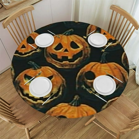 

Tllo0ord Halloween Round Stretch Tablecloth Pumpkin on Black Background Elastic Table Cover Table Pad Cover for Indoor Outdoor Party Dinner Patio Decor 54 -58