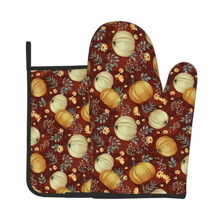 

Tebeau Pumpkin Leaf Daisy Print Oven Mitts and Pan Racks 2-Piece Set Kitchen Oven Mitts and Pan Racks Heat Resistant 500 °F for Baking and Cooking