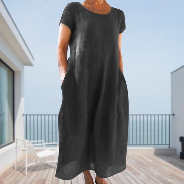 Vestido Lino Algodón Vestidos casuales de dama Moda Vestido de lino de algodón simple Tallas grandes (Gris oscuro 4XL) Kuymtek para Mujer Gris oscuro T S