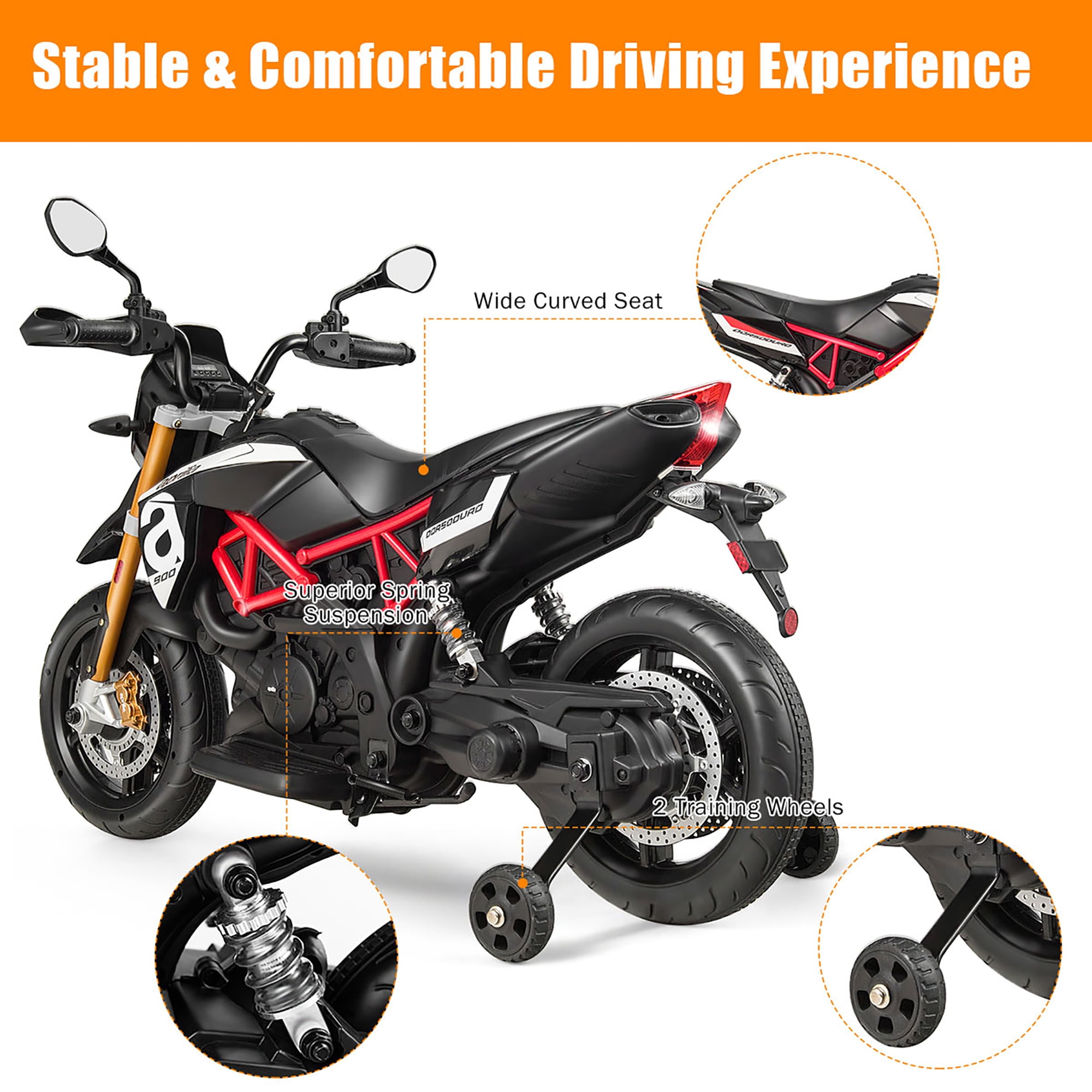 Costway 12V Kids Ride-On Motorcycle Motor Bike w/ Training Wheels Black