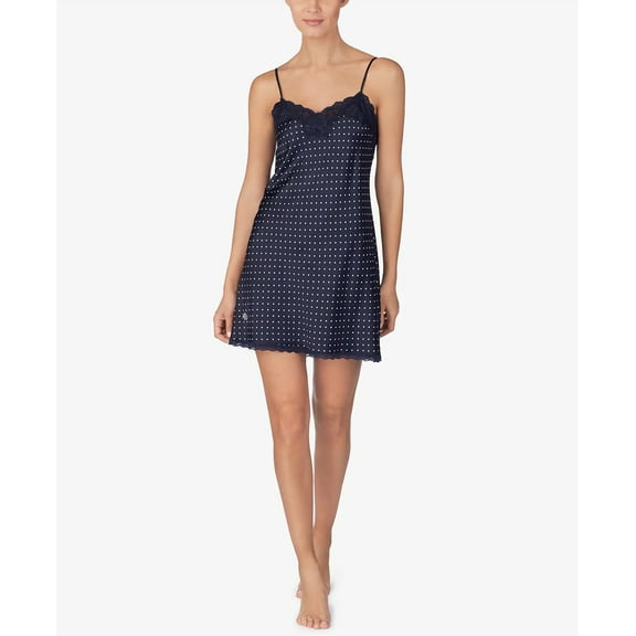 Lauren Ralph Lauren Lace-Trim Satin Chemise Nightgown - Navy Prt, Size X-Large