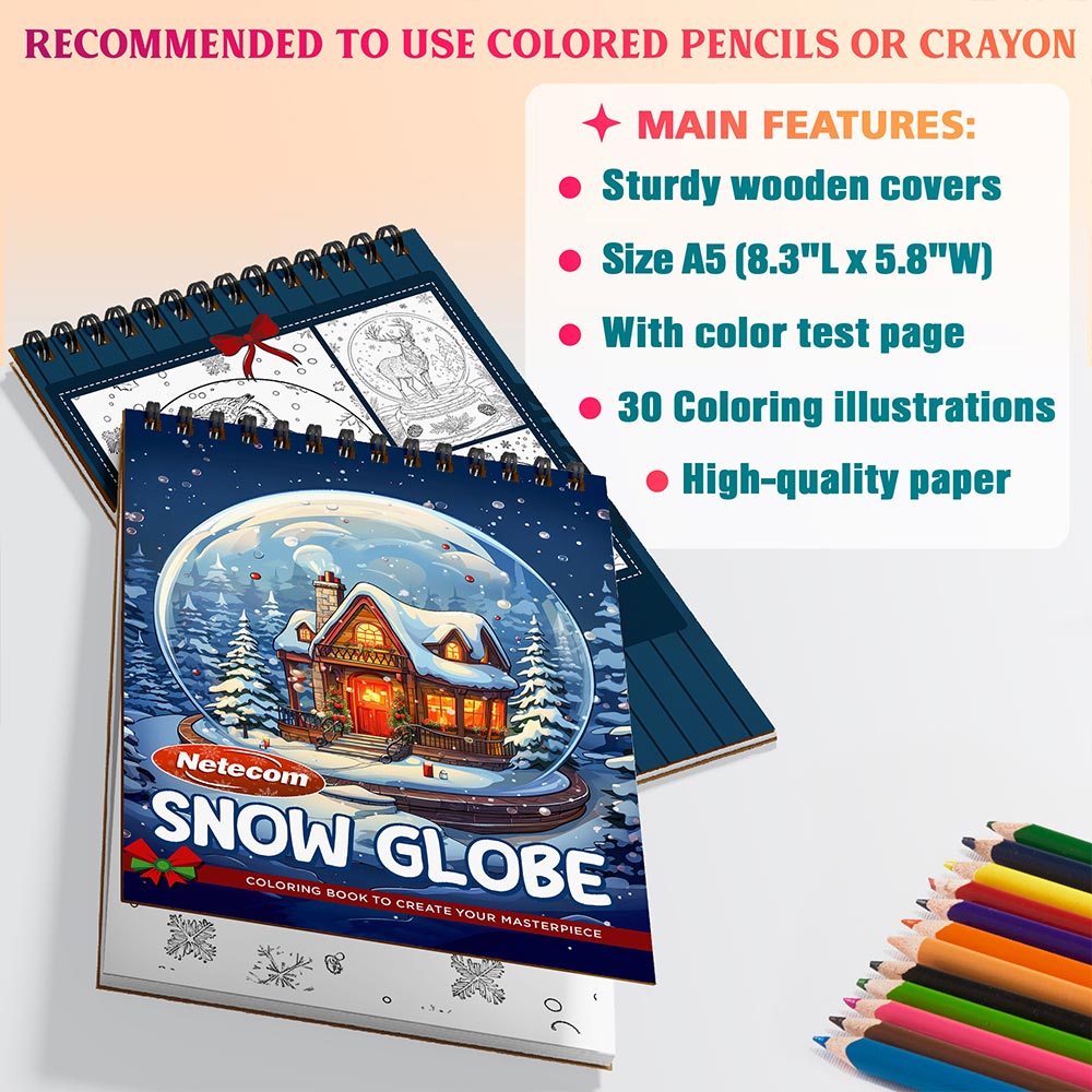 Netecom Snow Globe Coloring Book Spiral Bound for Adults, A5 Wooden Cover, 30 Charming Coloring Pages of Festive Holiday Landscapes for Stress Relief and Relaxation