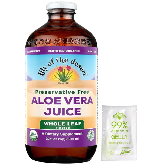 Lily Of The Desert Aloe Vera Juice, Preservative Free - Whole Leaf Aloe Vera Drink with Natural Vitamins, Digestive Enzymes for Gut Health, Stomach Relief, Wellness, Glowing Skin, Gelly Sachet includ