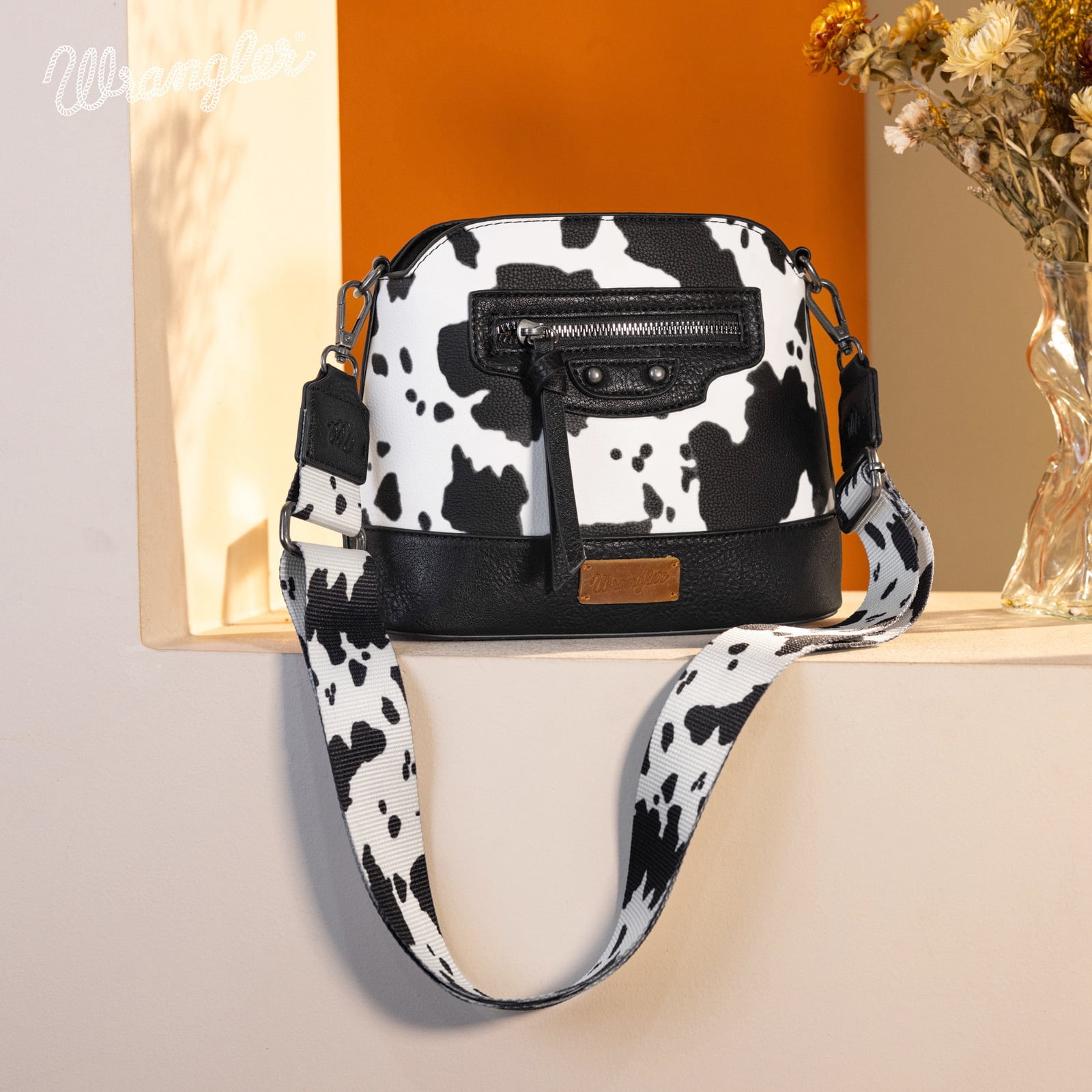 Wrangler Cow Print Crossbody Bag for Women Western Cross Body Purse with Signature Strap, Black