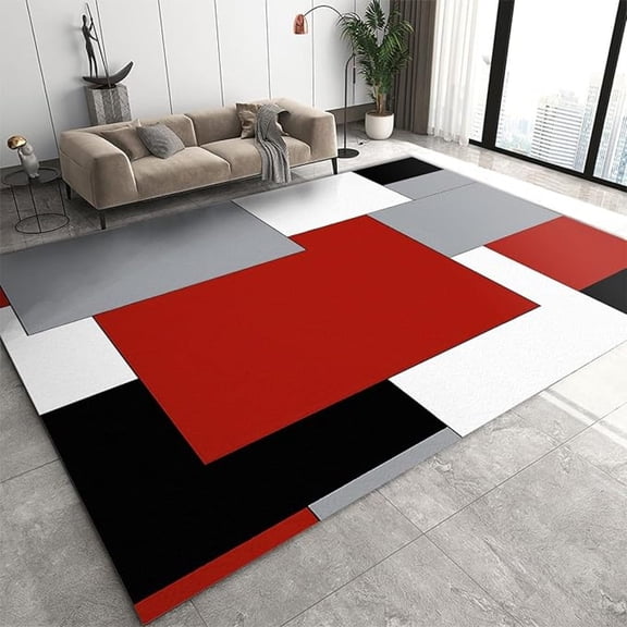 Modern Rectangle Geometric Area Rug For Living Room, Red Black White Gray Square Indoor Rug, Non Slip Foldable Washable Mat For Family Bedroom Entryway Hallway Office Apartment 1x2ft