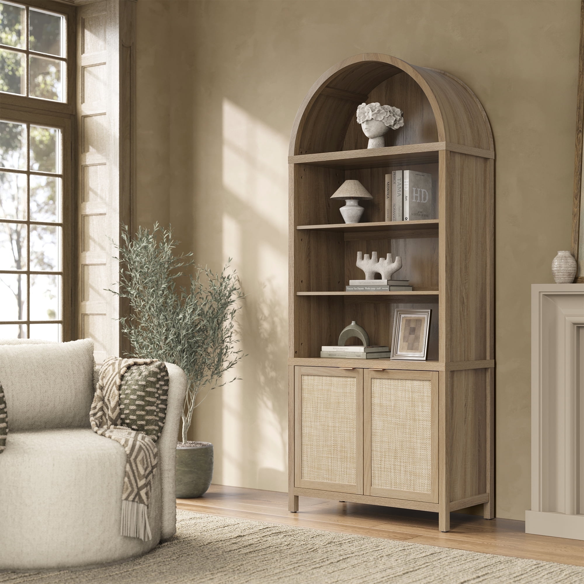 SICOTAS 84.2" Tall Rattan Pantry Cabinet with Adjustable Shelves - Large Farmhouse Kitchen Storage Organizer, Boho Dining Room Cabinet, Freestanding Arched Food Pantry with Doors ,Reclaimed Light Oak
