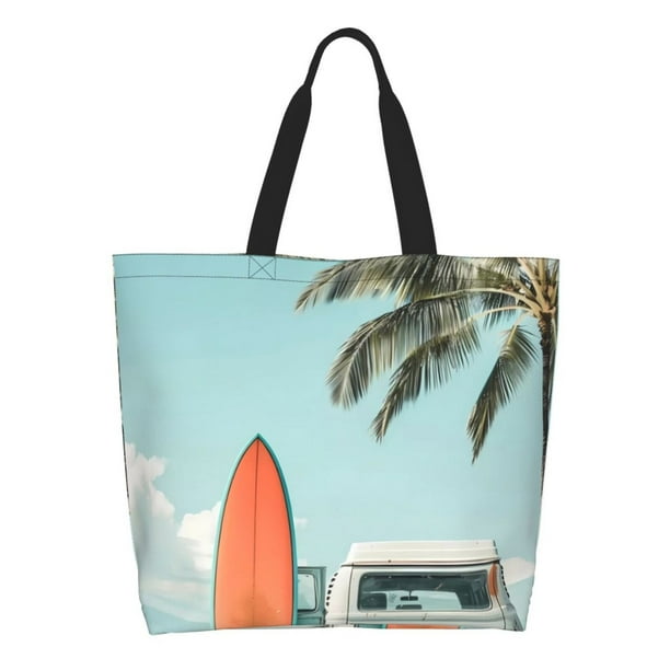 Easygdp Vintage Surf Van Beach Bolsas Tote para Mujer, Bolsos de Hombro para Viaje, Bolsos de Mano de Gran Capacidad para Compras y Trabajo