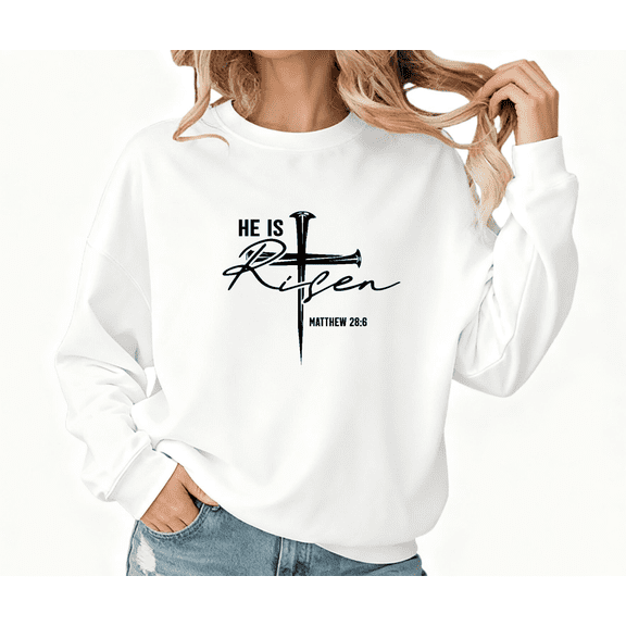 Women He Is Risen Graphic Regular Fit Tee Christian Religious T Shirt Top Inspirational Matthew 28 6 Soft Round-neck long-sleeved white S-3XL