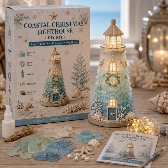 Beginner-Friendly DIY Lighted Sea Glass-Style Lighthouse Kit, Coastal Mosaic Craft Set with LED Lights, Decorative Pieces, Adhesive, Wood Base, Tools & Instructions