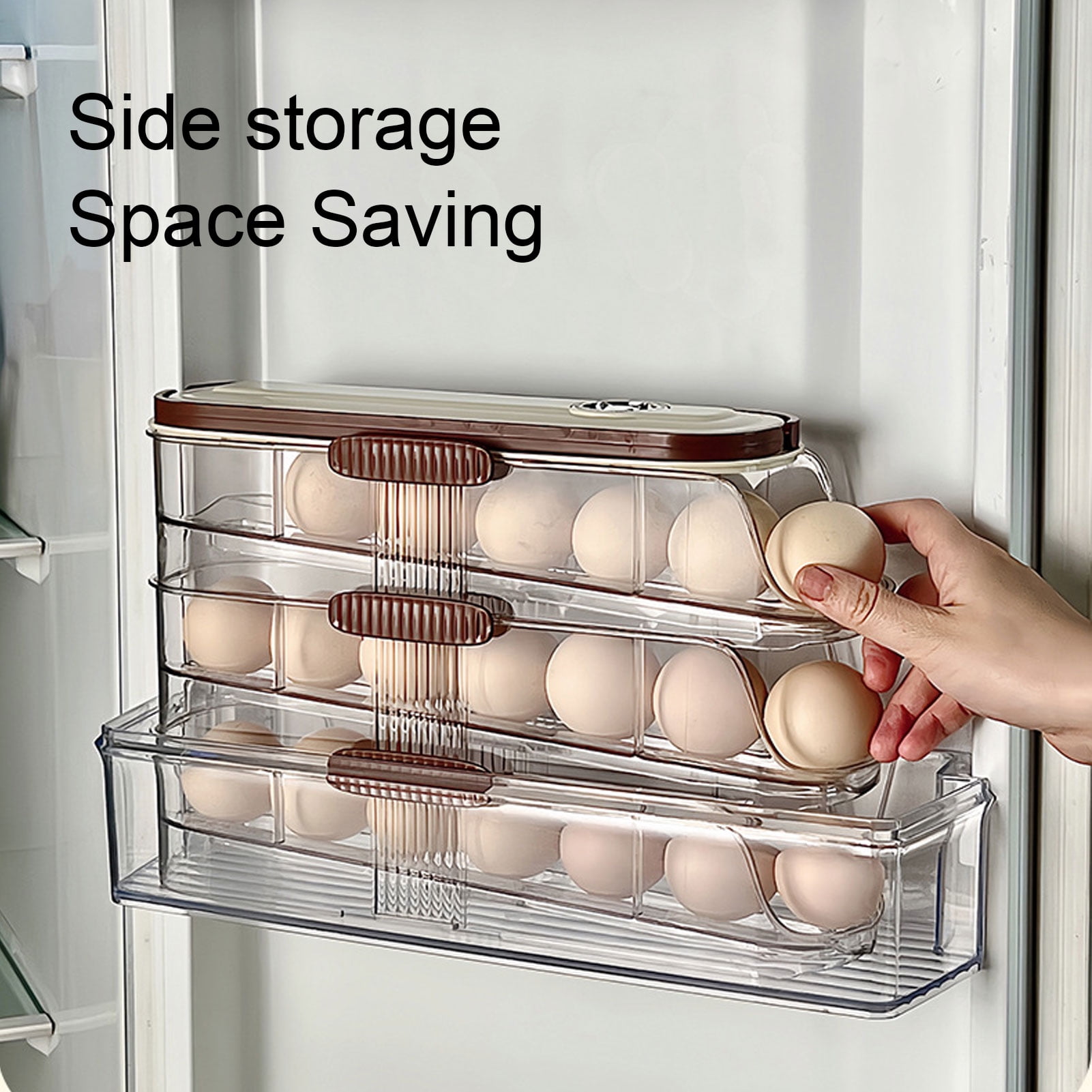 3-Layer Rolling Egg Storage Box, Automatic Dispenser with Lid for Refrigerator