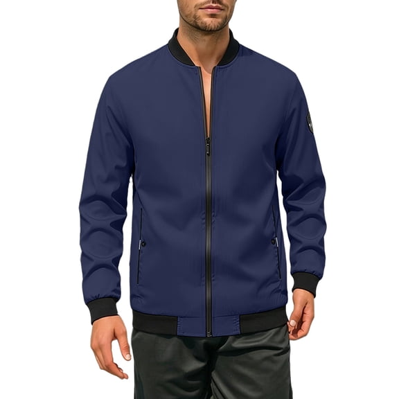 Cmfcve Men's Zip up Bomber Jacket Ribbed Collar Lightweight Long Sleeve Jacket Fall Fashion Baseball Coat Outerwear with Pockets