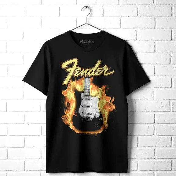 Fender Flaming Guitar Men's T Shirt (Black, AdultS)