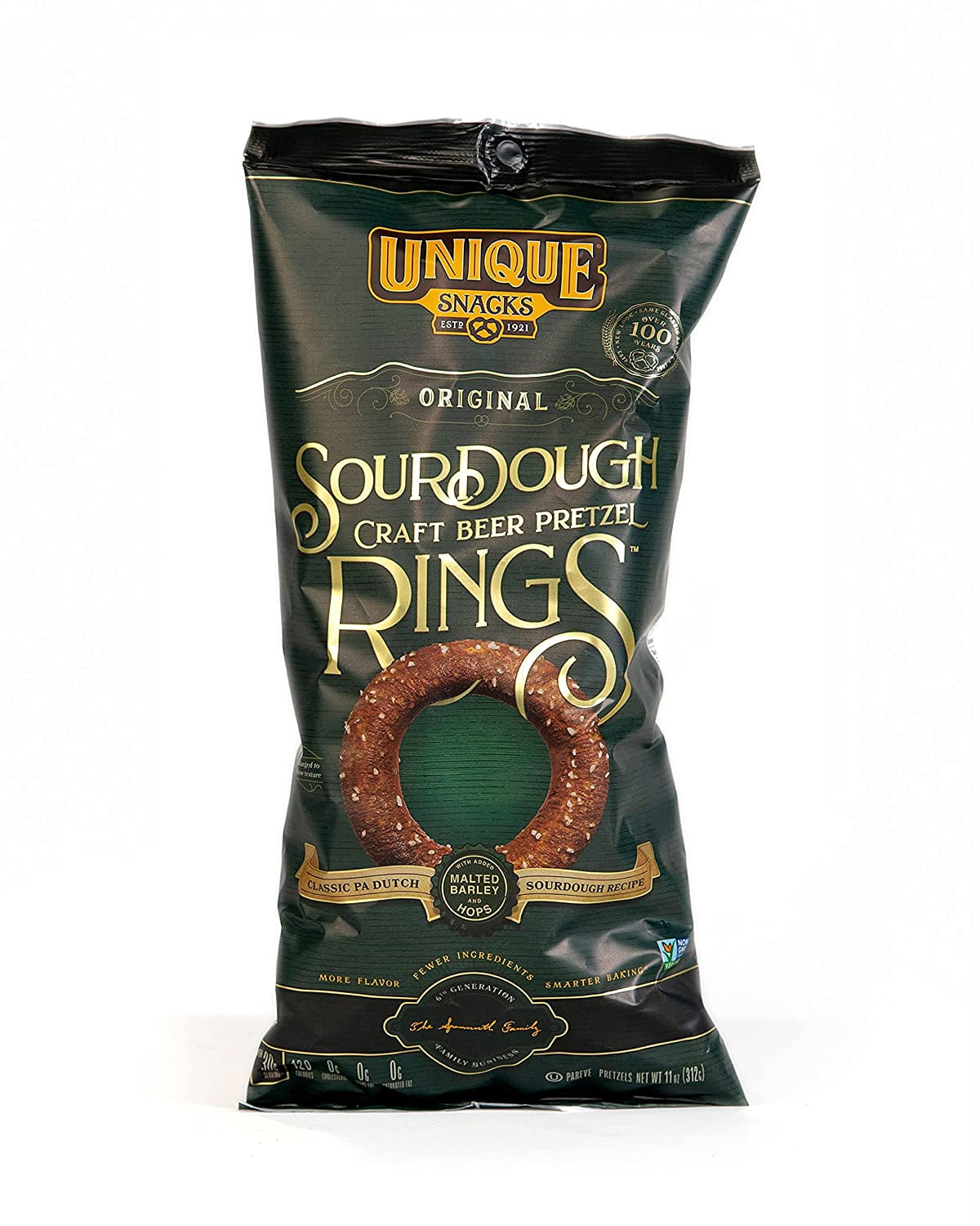 Unique Snacks - Unique Pretzels Sourdough Craft Beer Rings, Homestyle Baked, Certified Kosher and Non-GMO, 11 Ounce Bags, 66 Ounces Total (Pack of 6)
