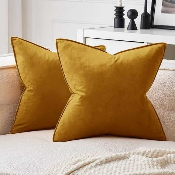 Pack of 2 Mustard Yellow Decorative Velvet Throw Pillow Covers Soft Pillowcases Solid Square Cushion Case for Summer Sofa Bedroom Car 20x20 Inch