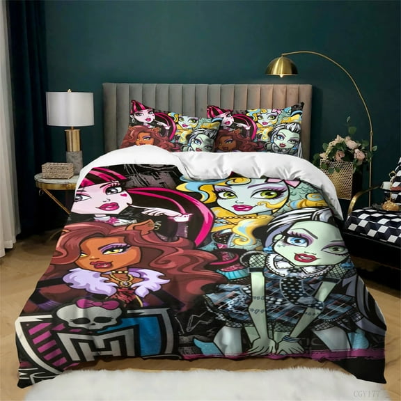 Monster High Duvet Cover with 2 Pillow Shams Soft Breathable Bedding Set Twin Size Comfy Duvet Cover Set for All Season