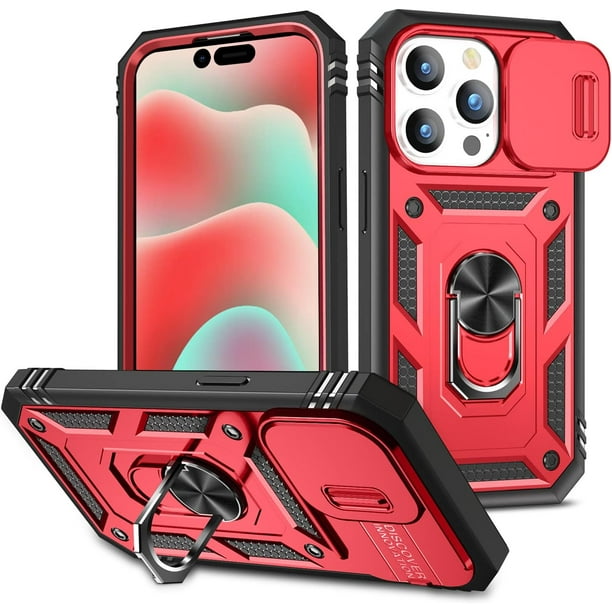 Funda protectora para iPhone 14 Pro Max: Funda para iPhone 14 Pro Max con anillo de soporte giratorio de 360° integrado, protección de lente deslizante magnética, funda para iPhone 14 Pro Max - Rojo