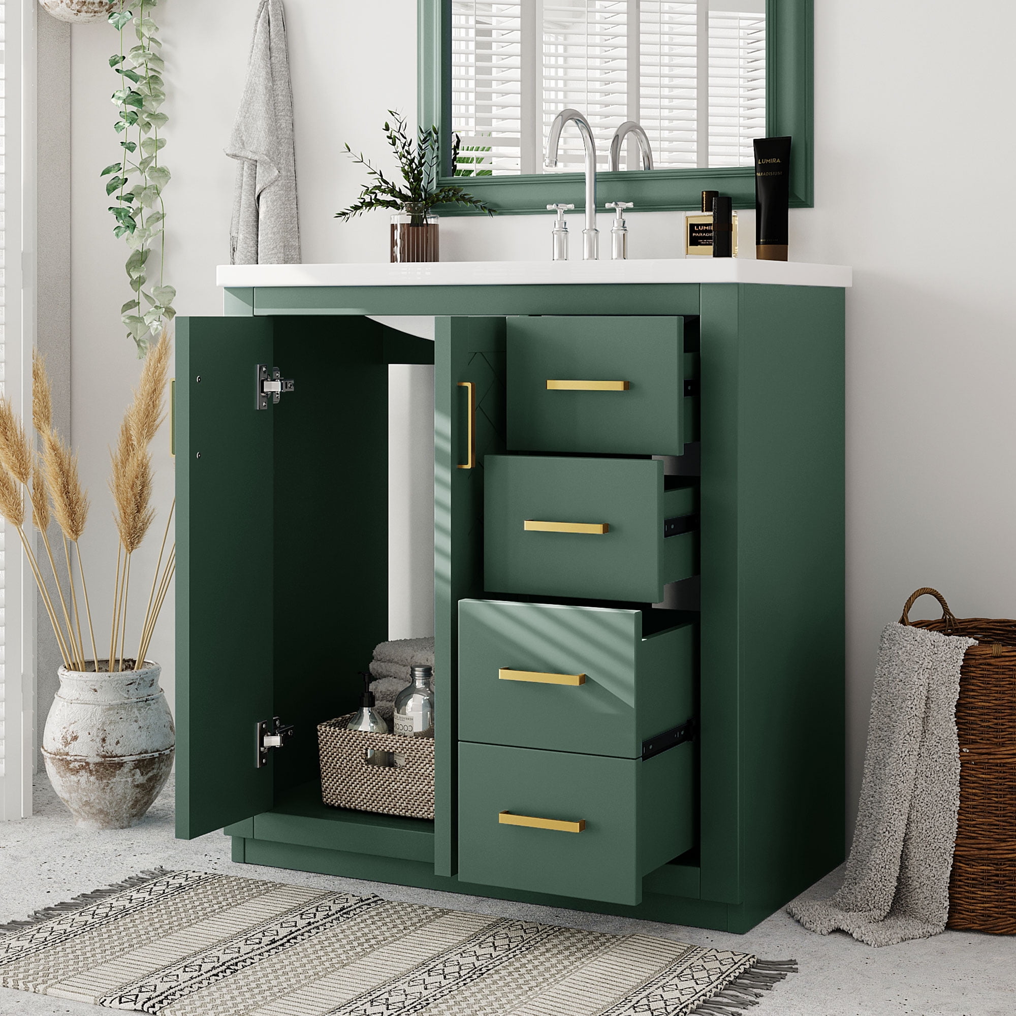 Euroco 30'' Bathroom Vanity with Ceramic Sink Combo, Solid Wood Frame Bathroom Storage Cabinet, Freestanding Vanity Set with 3 Drawers& Soft Closing Doors