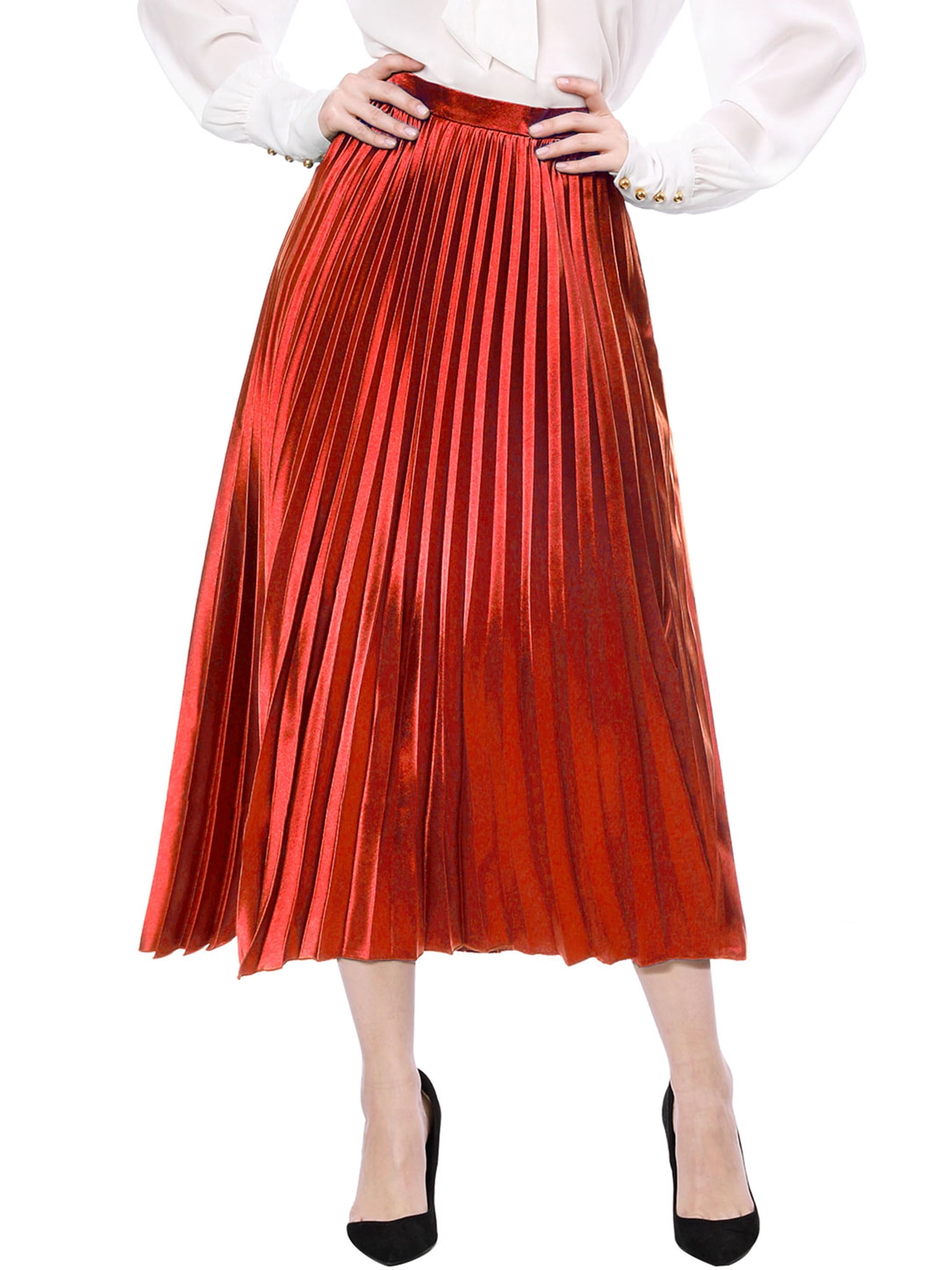 Unique Bargains Women's High Waist Accordion Pleated Metallic Midi Skirt A- line - Walmart.com