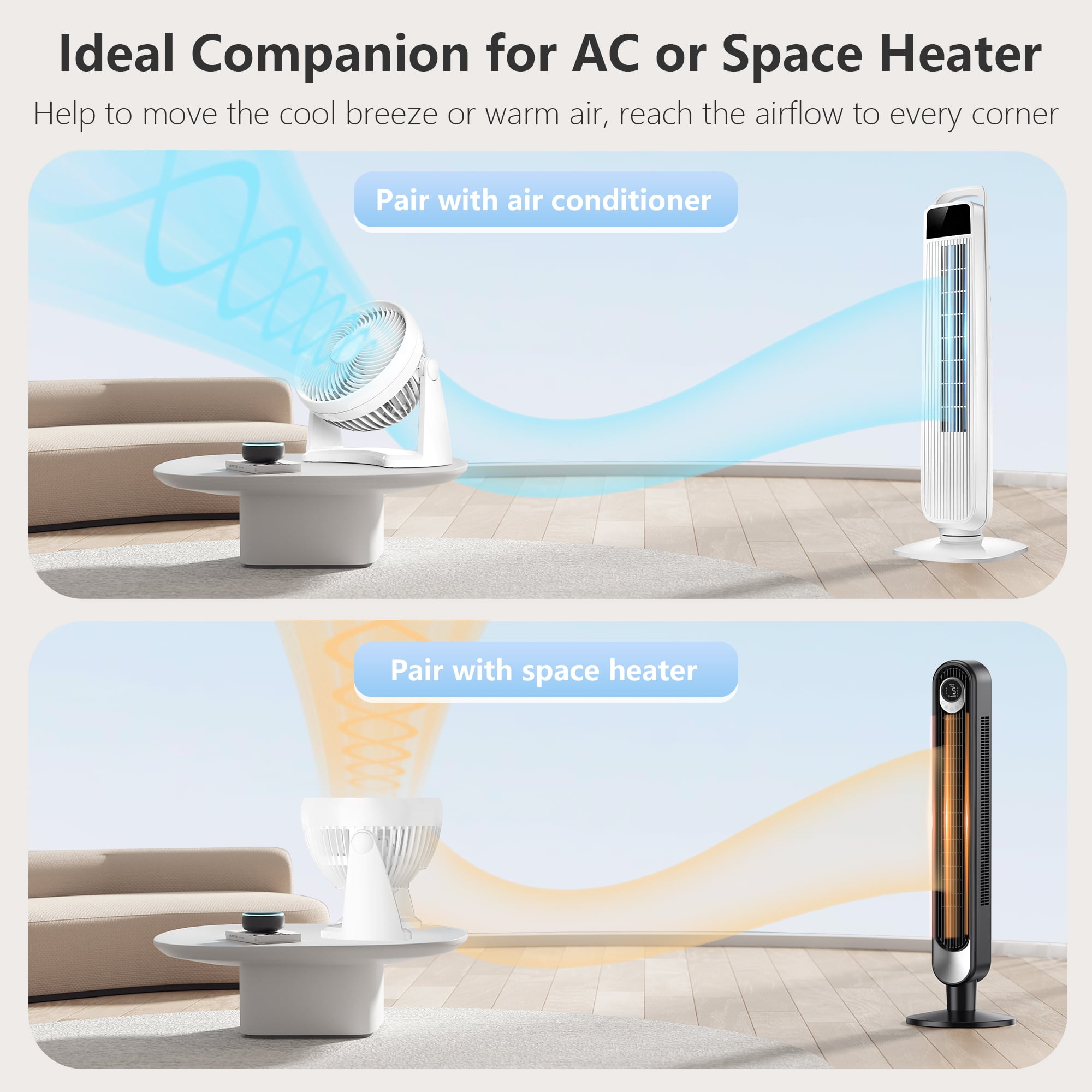 Qunler Table Fan, 9" Quiet Air Circulator Fan with 3 Speeds & 90° Pivoting Head, Air Conditioner Companion Small Desk Fan for Bedroom, Home, Office, Wall-Mounting Available, White