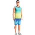 thumbnail image 1 of Barbie Fashionistas Ken Doll #236 with Black Hair, Wearing Blue and Green Ombre Tank with Jean Shorts and Silver Sneakers, 1 of 5