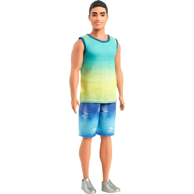 Barbie Fashionistas Ken Doll #236 with Black Hair, Wearing Blue and Green Ombre Tank with Jean Shorts and Silver Sneakers