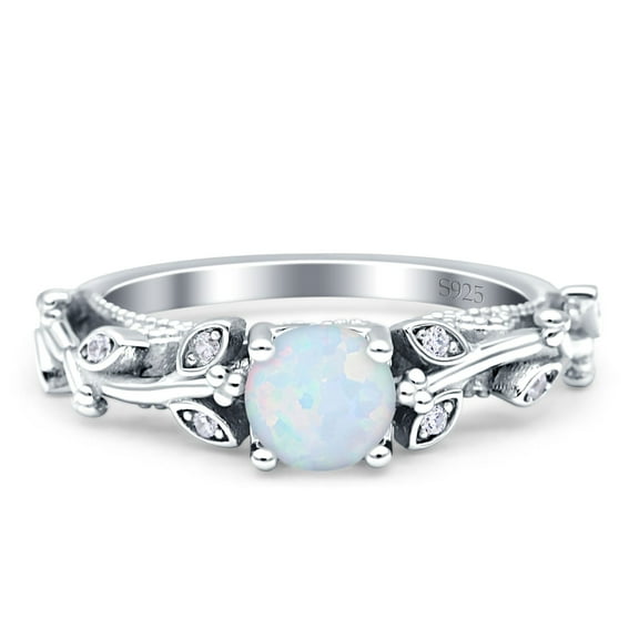Vintage Style Floral Round Women Engagement Ring Lab Created White Opal 925 Sterling Silver
