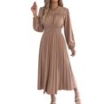 thumbnail image 2 of Women's Long Sleeve Elegant Pleated Maxi Ruffled Shirred Waist Flowy Bohemian Dress for Daily Wear Khaki L, 2 of 10