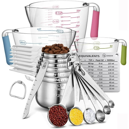 

Measuring Cups and Spoons Set Stainless Steel 7 Measuring Cups & 6 Measuring Spoons & 3 Transparent Plastic Measuring Cup 1 Leveler 1 Measuring Conversion Chart and 2 Metal Ring (20 Piece)…